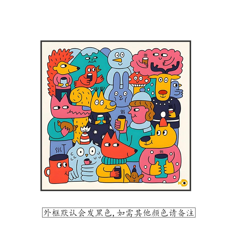 现代客厅玄关挂画背景墙卧室床头装饰画卡通小动物儿童房方形壁画图片