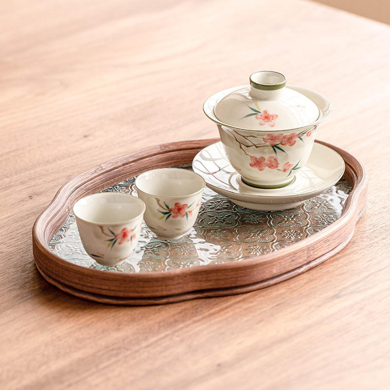 极素桃花手绘f盖碗茶杯中式高档陶瓷功夫茶具套装家用泡茶一壶两