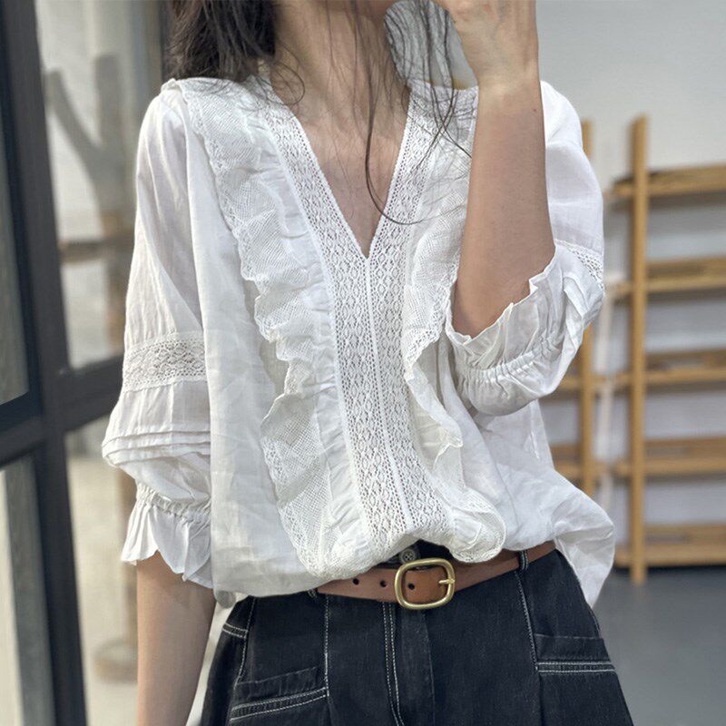 古与色 夏季日系V领蕾丝拼接松紧袖宽松衬衣仙女衬小清新麻料衬衫