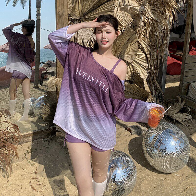 泳衣女款三件套大码胖mm200斤海边度假长袖连帽罩衫分体绝美温泉