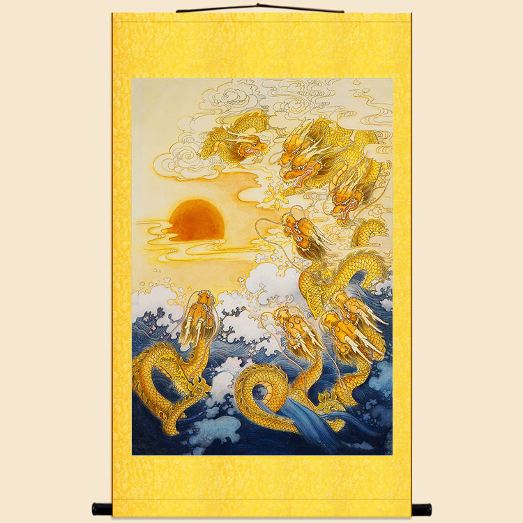 九龙朝阳图画像龙年吉祥卷轴挂画复古绢布装饰画可来图定制订做