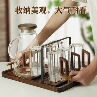 家用客厅耐高温茶杯水杯大容量办公室待客带木质把手 玻璃杯套装