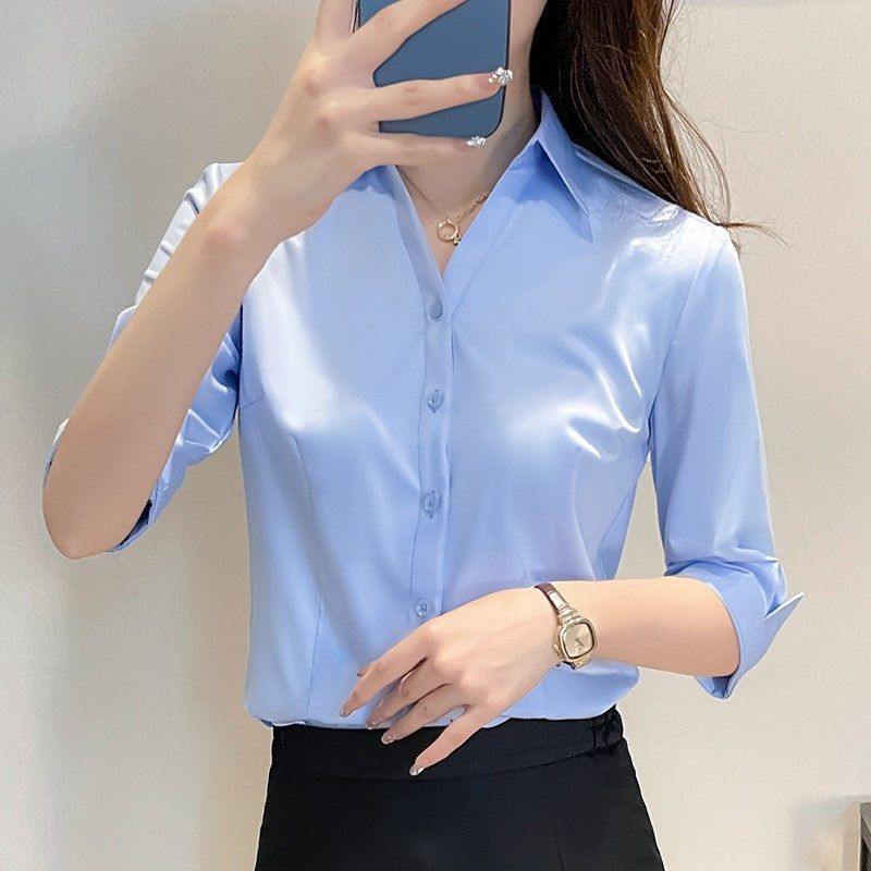 蓝色v领衬衫女夏季新款职业正装气质大学生面试工U作服七分袖衬衣