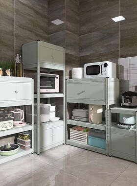 灰绿色厨房置物架带门落地式多层收纳储物柜微波炉烤箱架子柜子m1