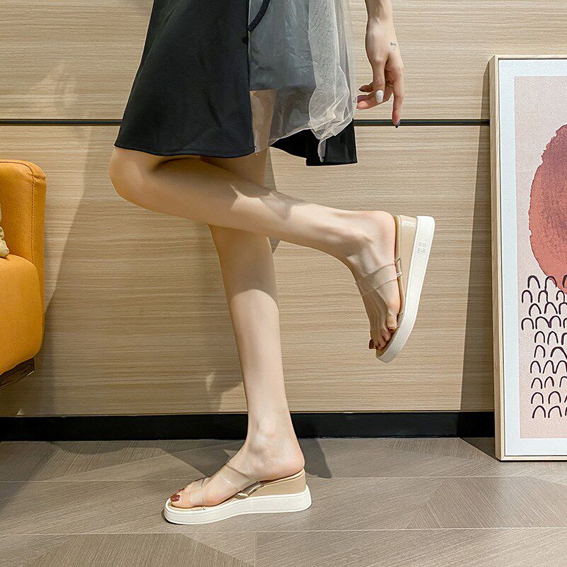 坡跟拖鞋女夏g天2025年新款法式凉鞋松糕鞋一字带透明厚底拖鞋外
