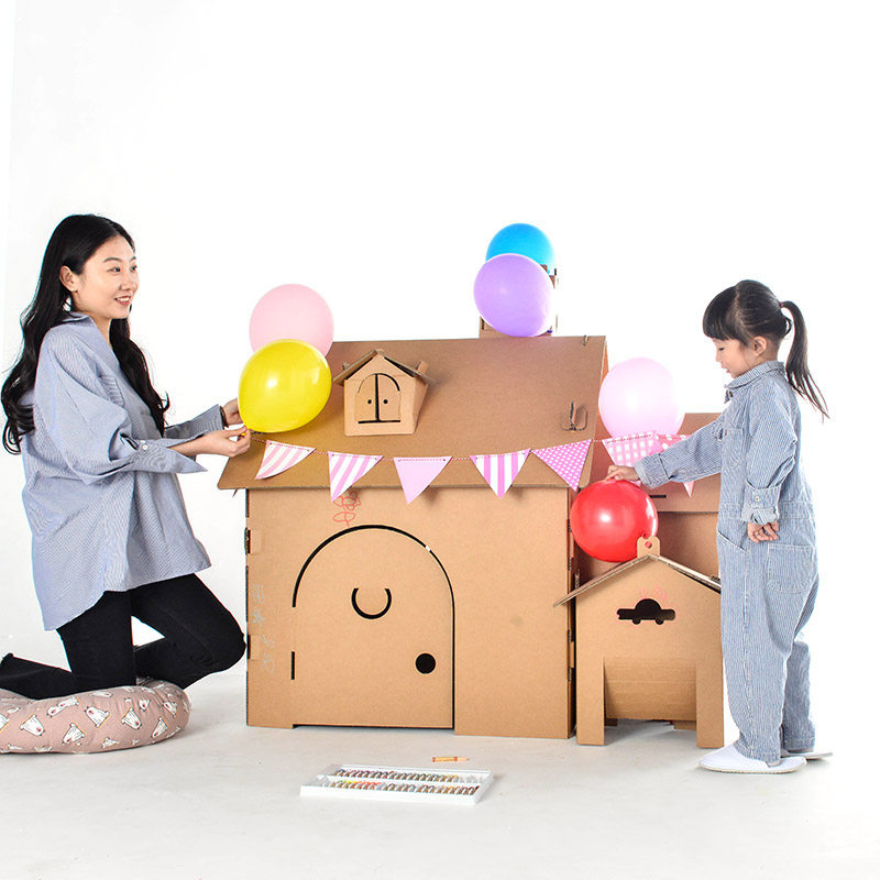 幼儿童DIY手工制作环保材料涂色涂鸦硬纸箱DIY玩具纸壳屋纸板房车