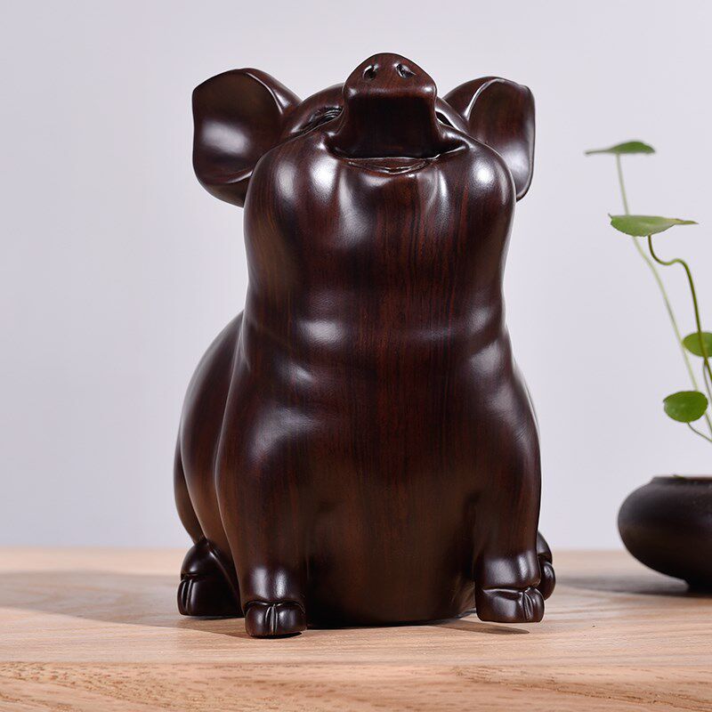 黑檀实木雕刻猪摆件木头生肖猪可爱公母红木手工艺品生日礼品摆设