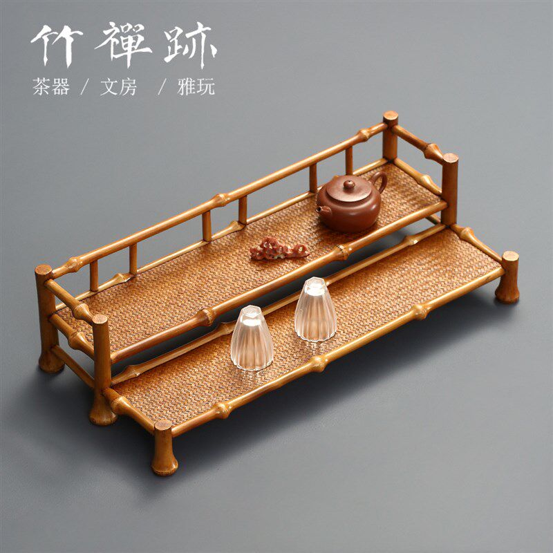 竹禅迹筇竹双层杯架 席面晾杯架中式竹制M品手工茶道配件收纳茶