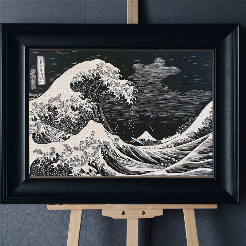 神奈川冲浪里 浮世绘 q手工雕刻黑白木刻版画装饰艺术挂画动物礼