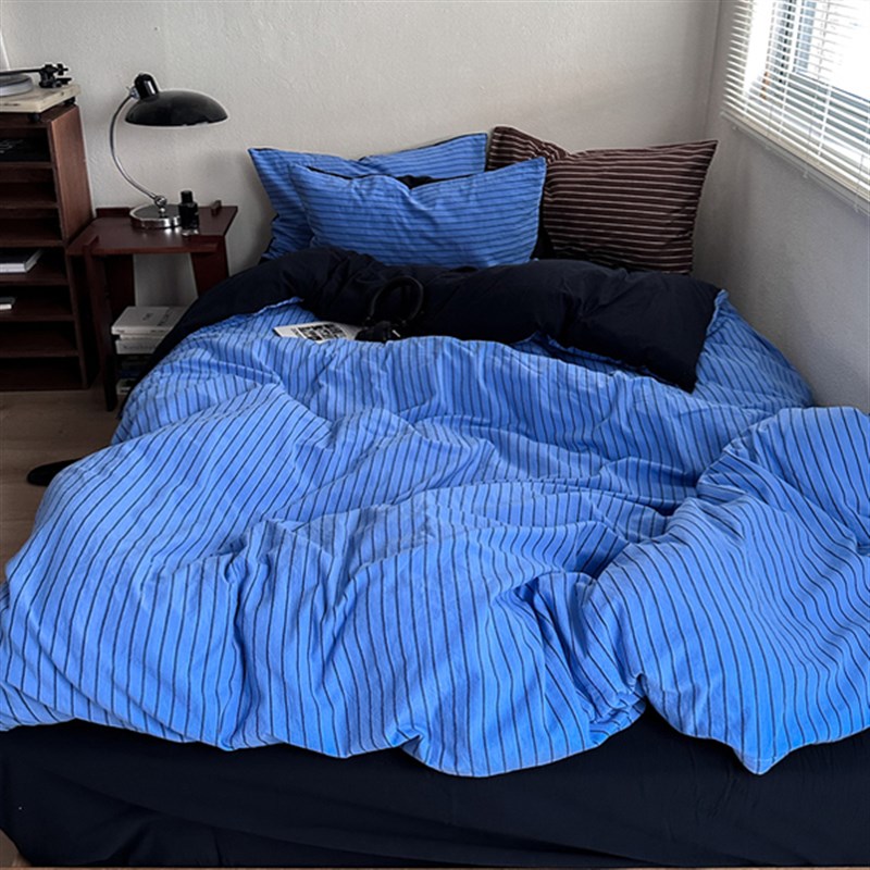 美式蓝色条纹藏蓝水洗棉四件套全棉被套床单被罩1.8m床单