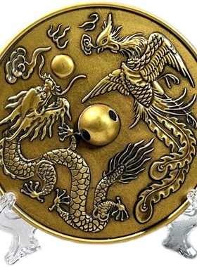 新款黄亮婚庆龙凤铜镜小怀镜结婚镜圆镜中式客厅桌面摆件
