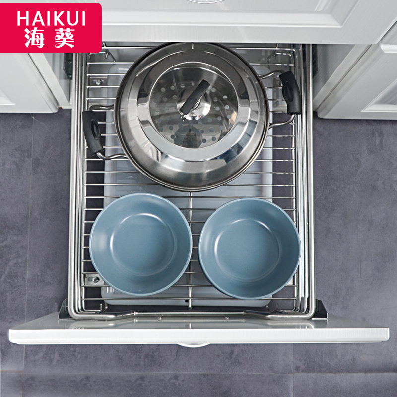 厨房橱柜拉篮304不锈钢双层缓冲抽屉式碗碟拉篮阻尼碗架沥水架