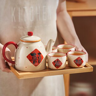 茶具泡茶壶家用茶杯子乔迁送人杯具套装 福字中式 结婚新婚礼物水壶