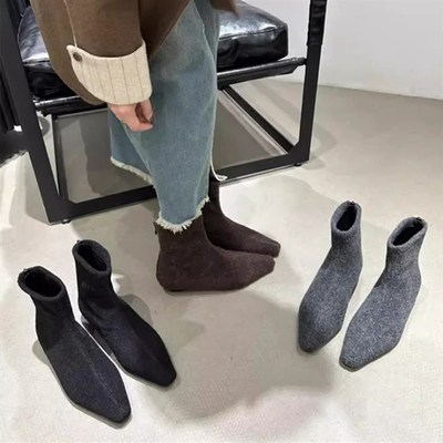 韩系高级感灰色毛呢短靴女2024新款秋冬季加绒尖头低跟瘦瘦靴裸靴