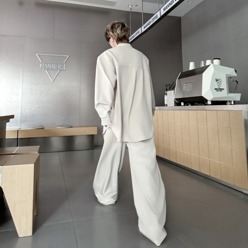 秋季小众活褶设计坠垂感长袖衬衫男休闲慵懒风阔腿拖地长裤两件套