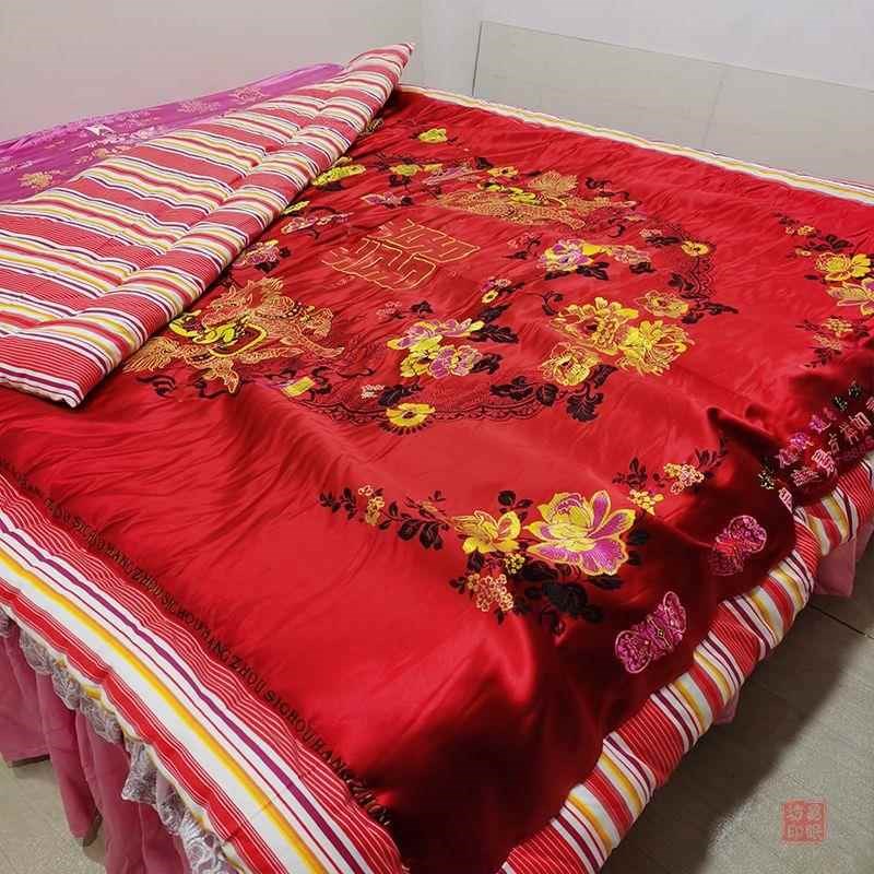 老式包边棉花被子手工条纹全棉被里子H双人结婚喜被丝绸缎被面薄