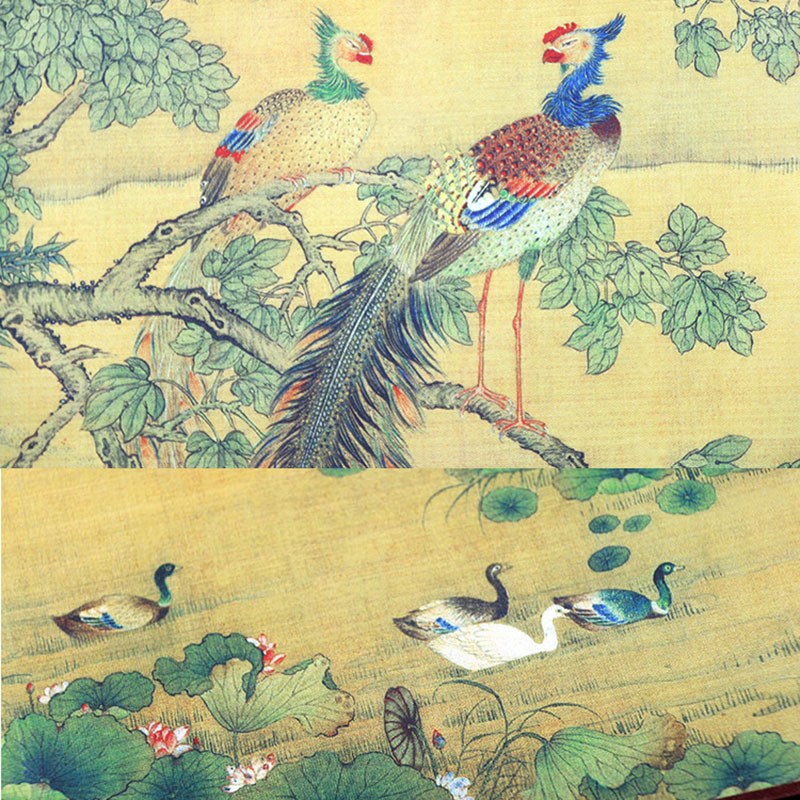 古代名画百鸟朝凤国画丝绸画卷轴挂画长卷沈铨花鸟松梅双鹤图绢布