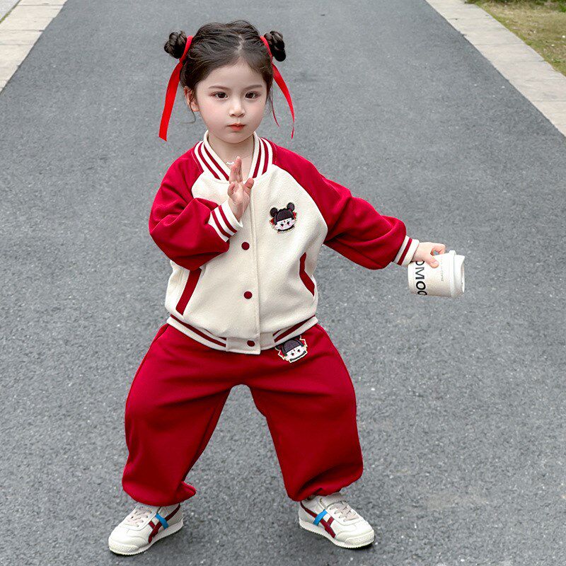 哪咤儿童棒球服春季套装2025新款洋气女宝宝春秋款女孩卡通两件套