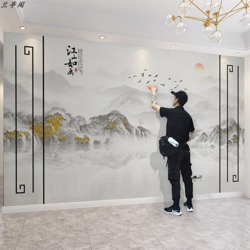 江山如画电视墙背景墙壁纸新中式立体H壁布客厅自带假边框整张墙