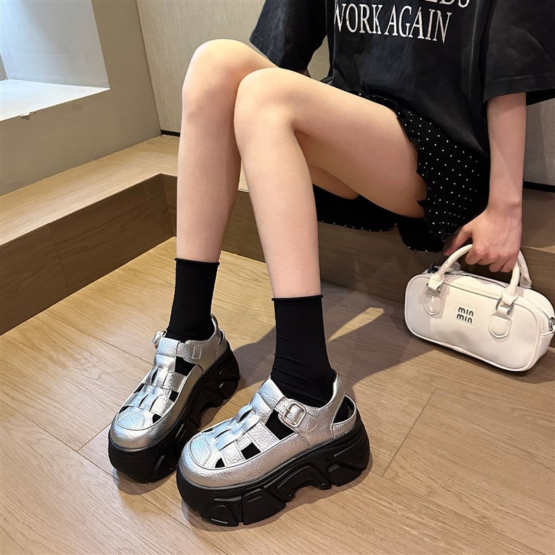 甜酷炸街~韩版夏季ins镂空编织小个F子增高松糕厚底罗马凉鞋女凉