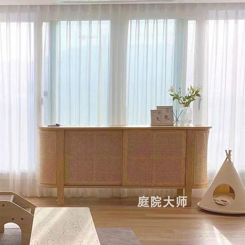法式实木餐边柜中古风黑色藤编玄关柜诧I寂风家用民宿收纳置物柜