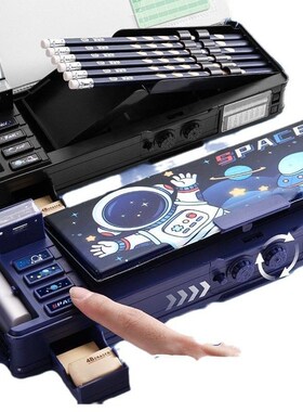 科技多功能笔盒小学生r黑男童款男孩文具盒蓝色用密码锁巨划算