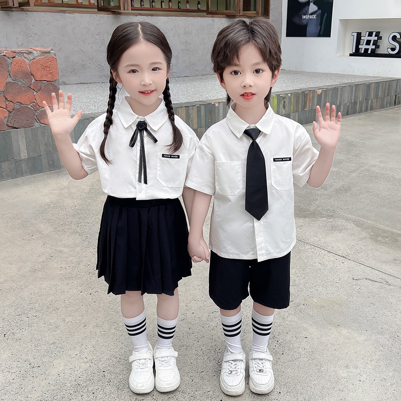 男女宝宝夏季白衬衫学院风套装姊弟E装幼儿园园服六一啦啦队表演