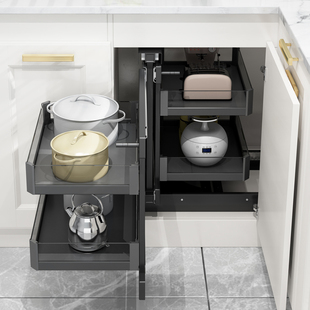 橱柜转角拉篮厨房锅架拉篮厨柜置物架全拉出橱柜拐角小怪物小柜体