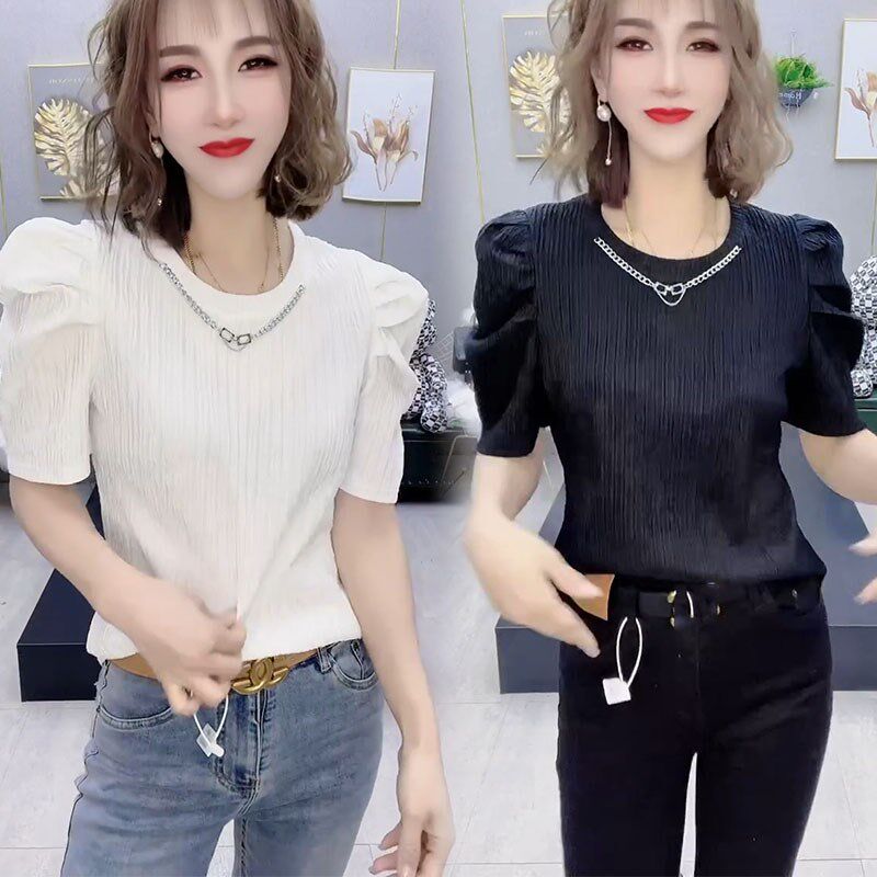 夏季新款T恤衫韩版洋气宽松显瘦设计感泡泡O袖减龄女网红爆款小衫