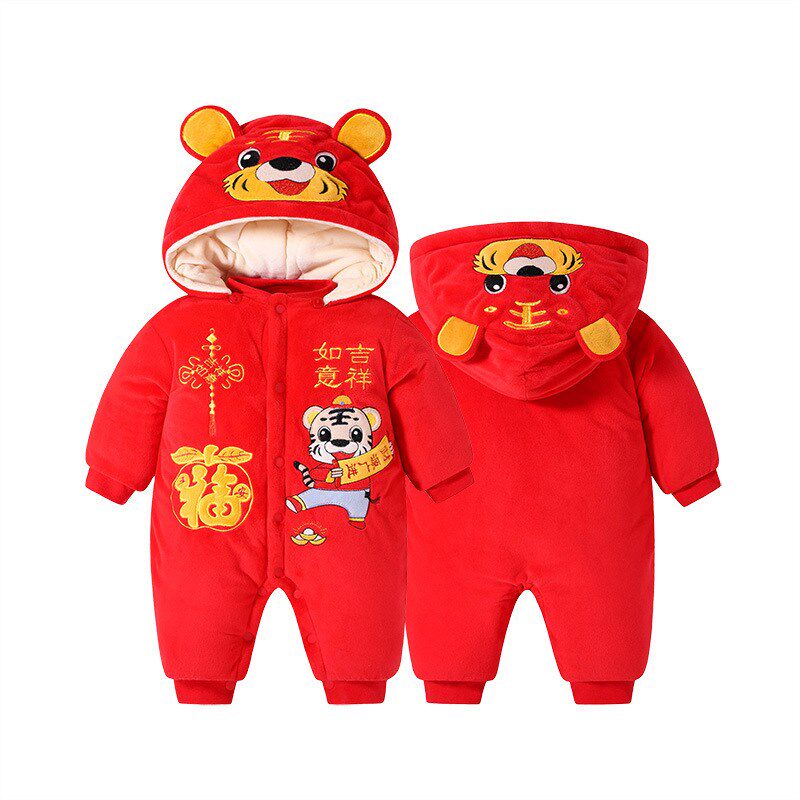 婴儿冬装拜年服新生儿新年装连体衣加厚过年宝宝装大红色秋冬套装