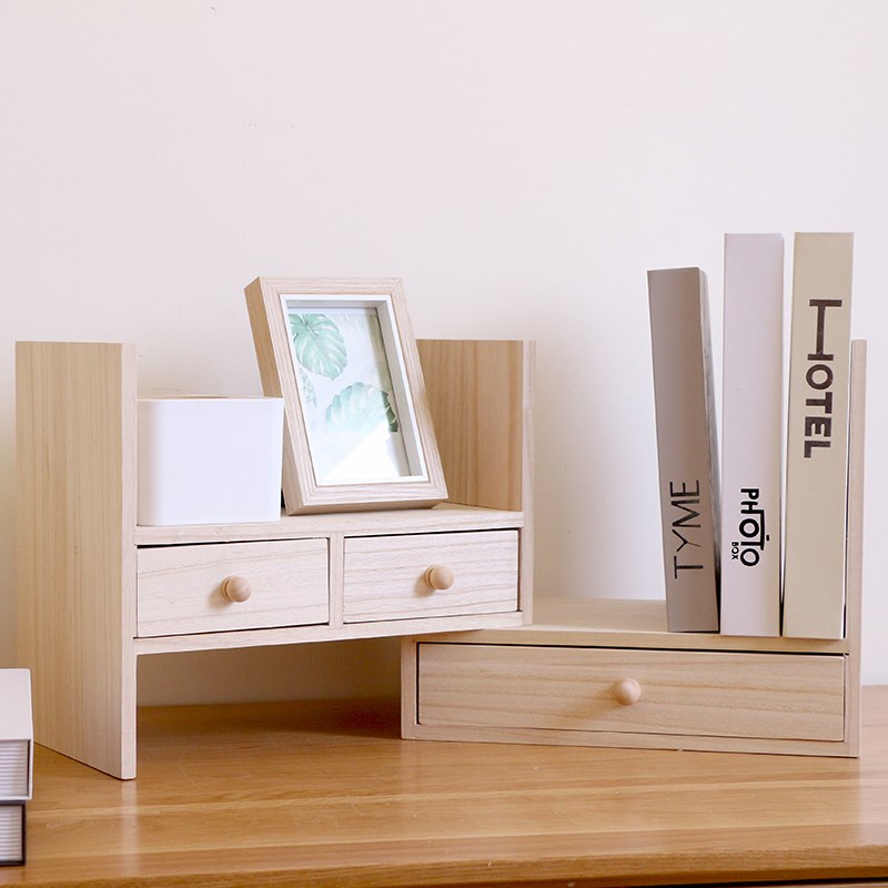 办公桌面伸缩置物架抽屉式收纳盒学生儿童实木书架文具整理储物盒