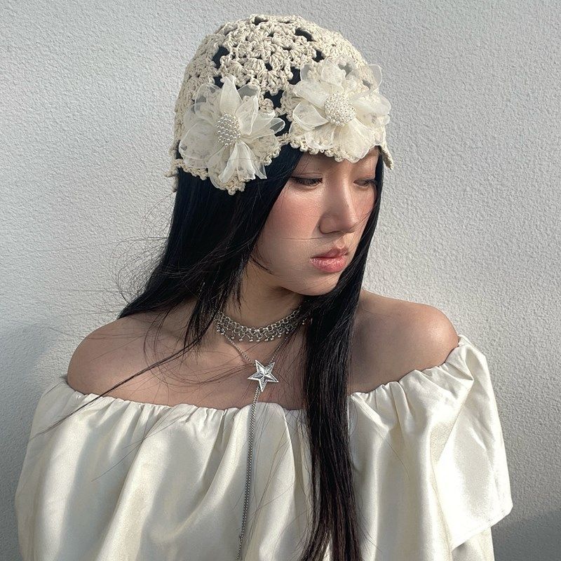 早春薄款镂空帽女帽优雅文艺花朵毛线帽可爱织帽小众设计套头帽女