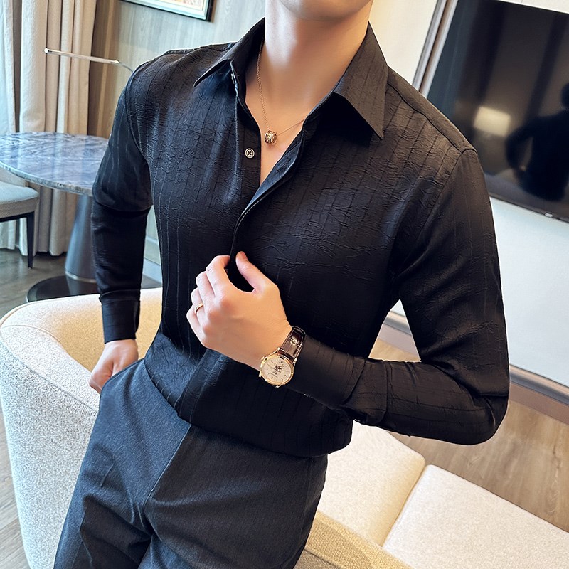 高级感长袖暗门襟条纹褶皱压花衬衫男士痞帅潮流设计感百搭衬衣男