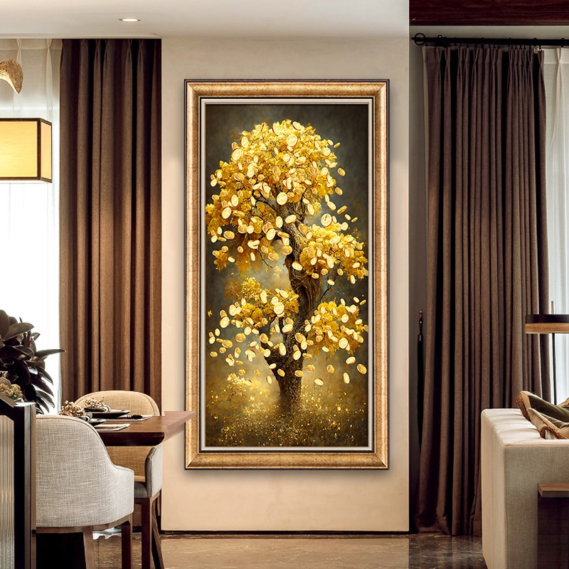 发财树壁画入户玄关装饰画美式客厅过道走廊挂画欧式楼梯间竖版画图片