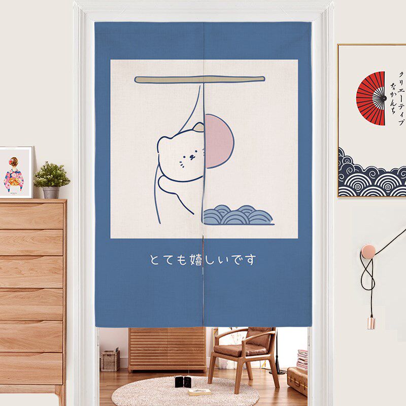 日系家用卡通可爱猫咪布艺门帘卫生间半帘卧室厨房隔断帘免打孔