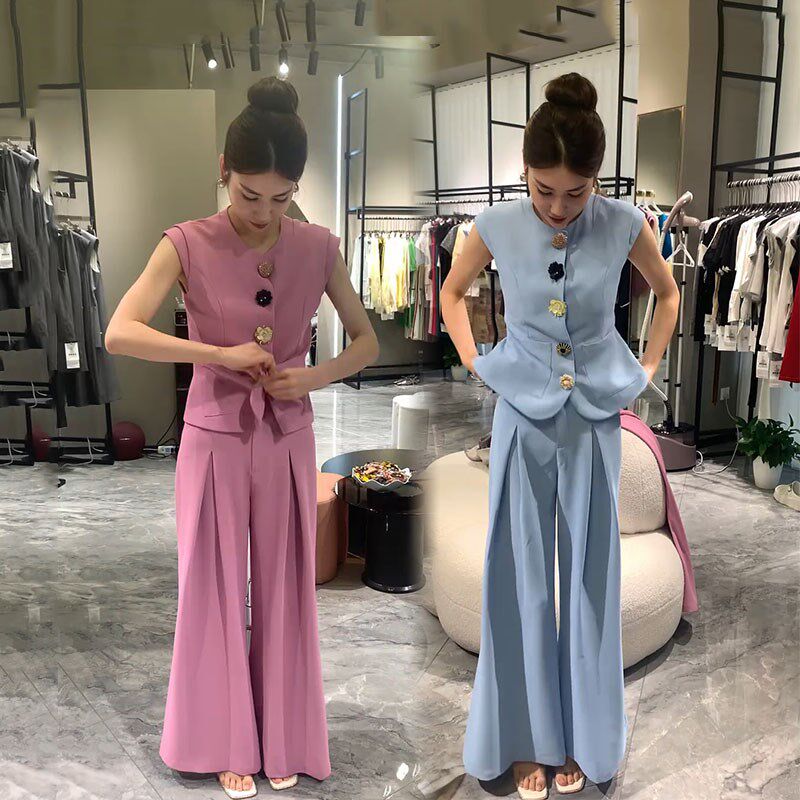 时尚套装女2025夏季新款职业气质显瘦立体花无袖马甲阔Z腿裤两件