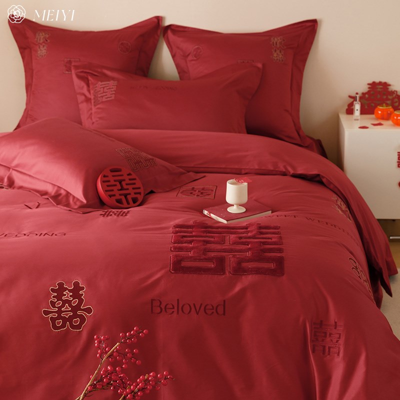 高级感100S全棉结婚床上四件套纯棉婚庆喜被罩大红色床单婚嫁床品