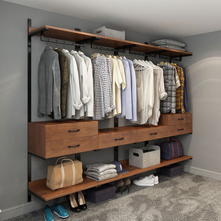 实木挂墙开放式衣柜衣架带抽屉金属衣帽间架子组装铁艺卧室置物架