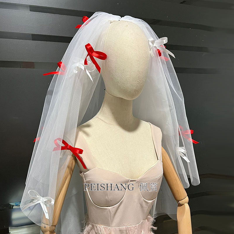 丝带蝴蝶结双层短款遮面头纱粉色蝴蝶结婚礼领证拍照结婚新娘头纱