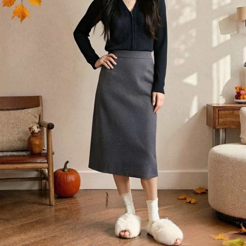 松紧高腰中长款a字毛呢半身裙女