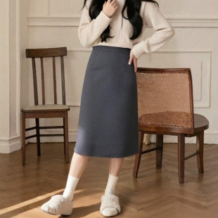 a字毛呢半身裙女气质直筒裙显高 松紧高腰中长款 2025秋冬季 新款