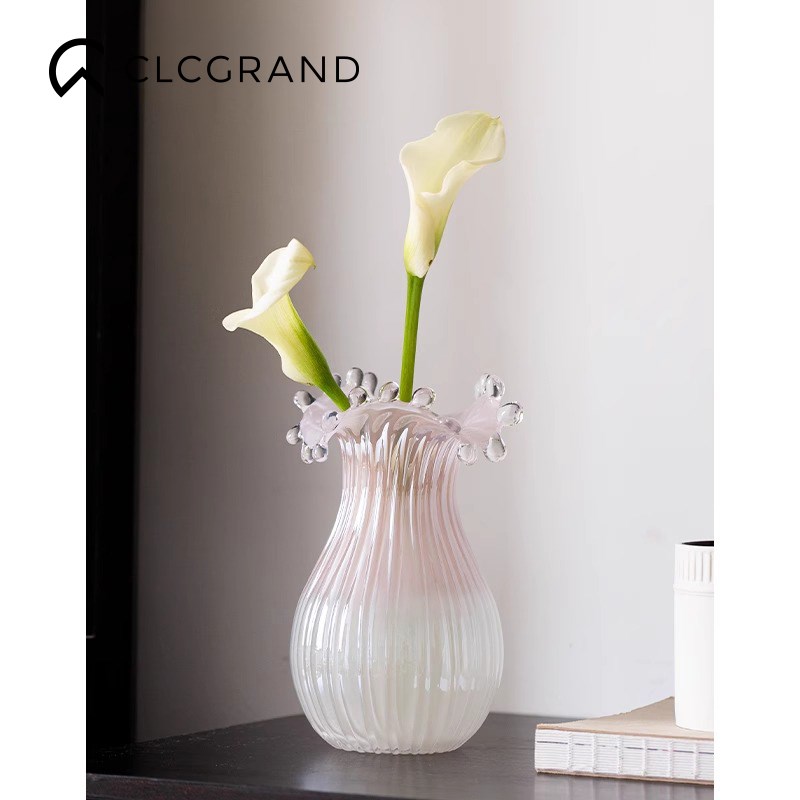 高级感荷叶边水滴玻璃花瓶摆件轻奢高档客厅桌面水养插花装饰花器