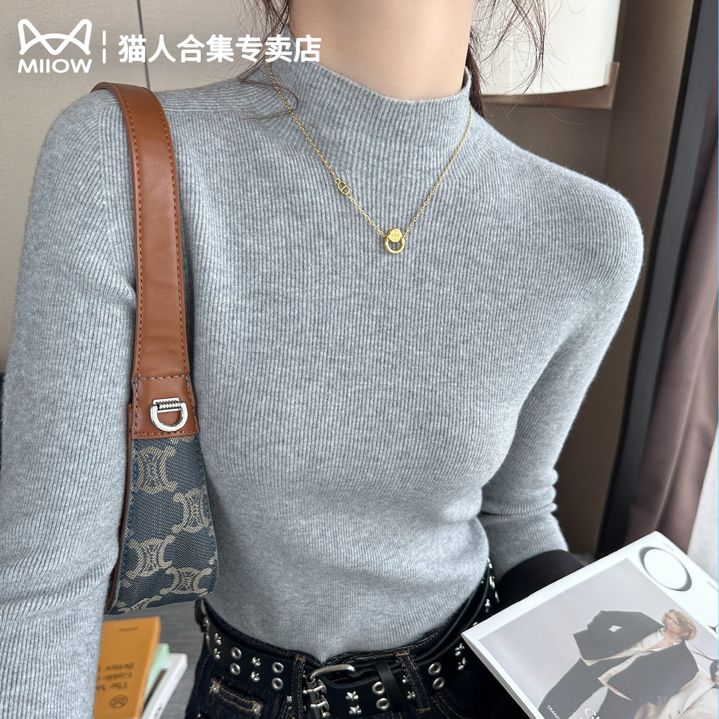 猫人浅灰色半高领打底衫女装内搭