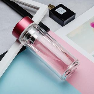 潮流水杯 奋兴双层玻璃杯女可爱便携防漏简约家用防烫茶杯带盖个性