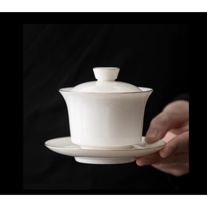 羊脂玉三才盖碗单个 多款白瓷八宝茶碗茶杯薄胎茶具 纯白功夫茶器