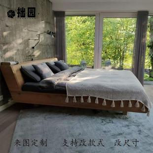 北美橡木实木床北欧复古简约1.8米双人床悬浮床黑胡桃木婚床定制
