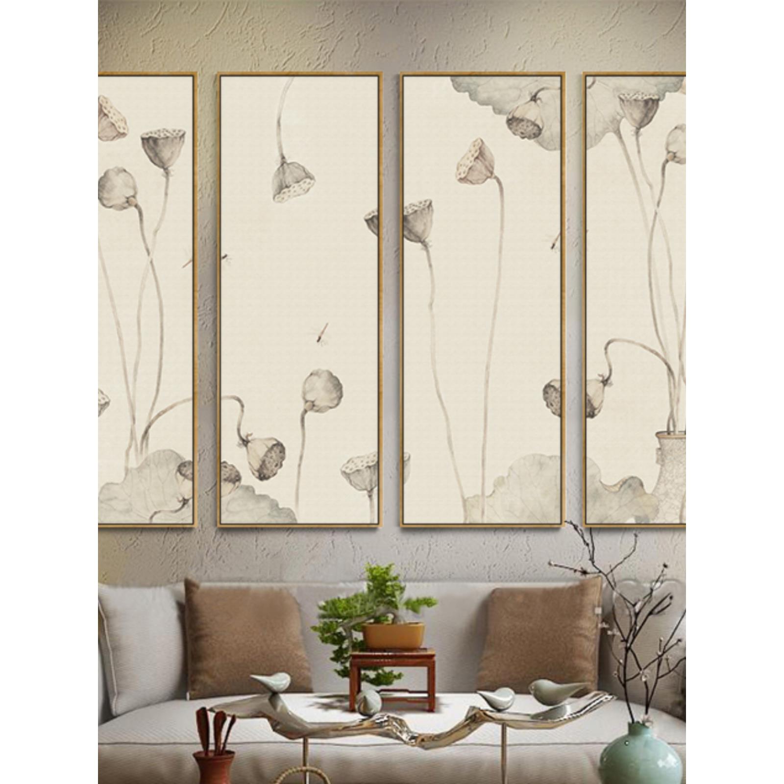 新中式装饰画客厅卧室玄关茶室禅意挂画莲蓬办公室荷花水墨画竖版