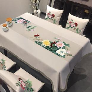 国风餐桌布彩墨诗意茶几布书桌防尘防滑麻布垫定制长茶台布 新中式