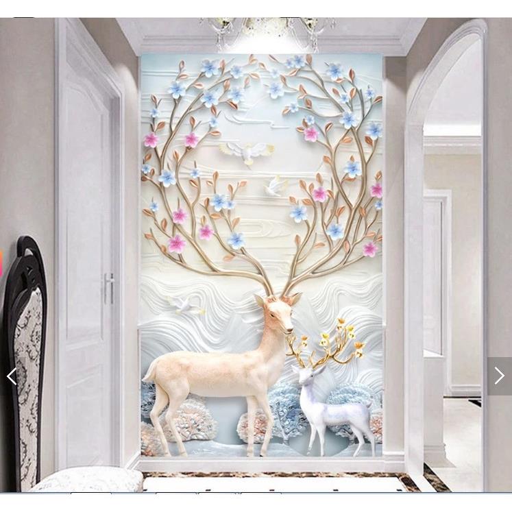 北欧麋鹿玄关背景墙壁纸轻奢风装饰8d壁画3d立体浮雕墙布走廊过道图片