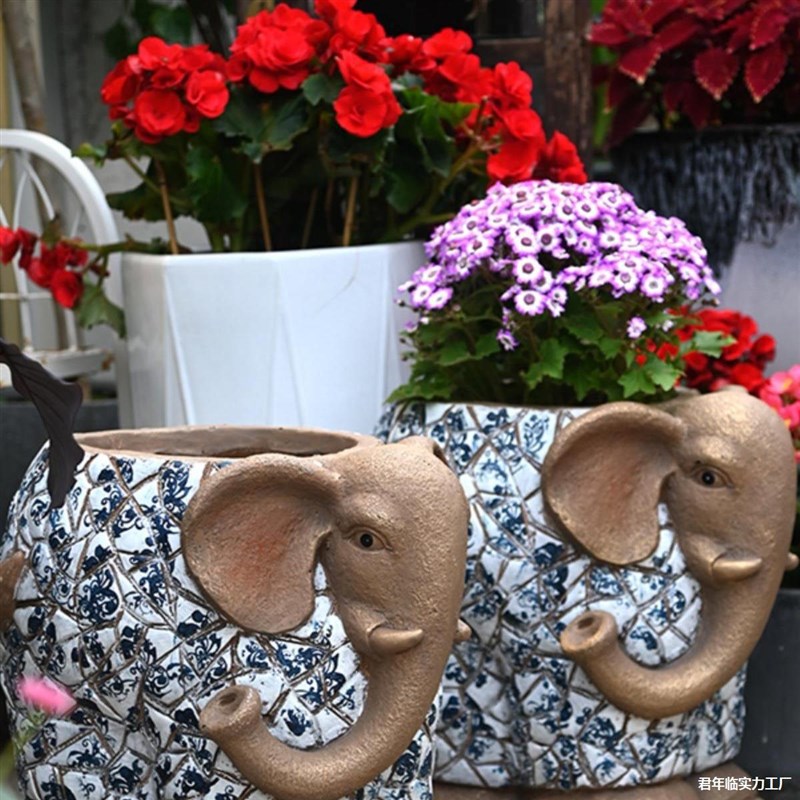 装饰园林创意庭院户外雕塑复古草坪仿青花瓷花盆大象花园动物摆件